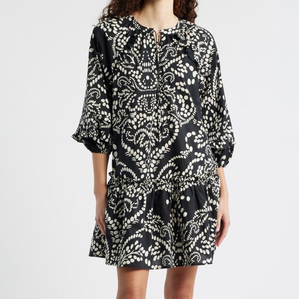 NWT Melloday Black Boho Print Drop Waist Balloon Sleeve Poplin Mini Dress Size L
